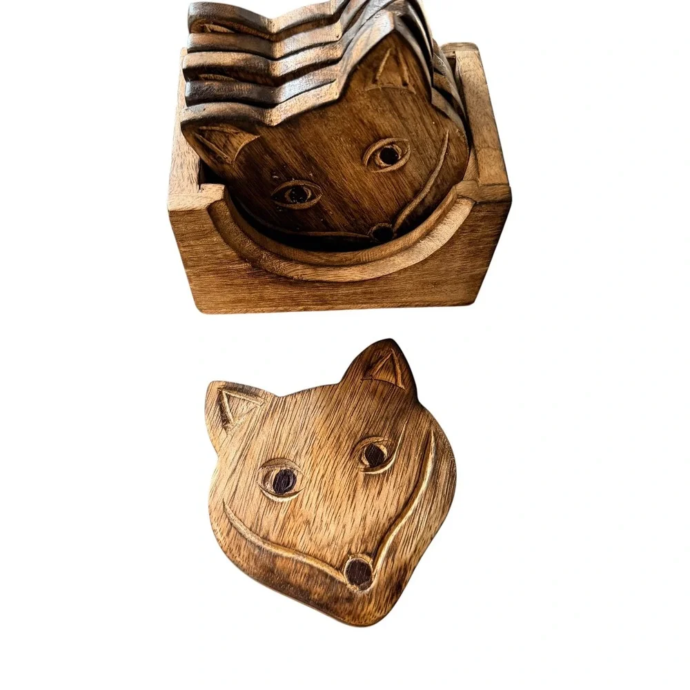 Handmade Wooden Fox Cat Face Coaster Set of 6 with Holder Rustic Brown India